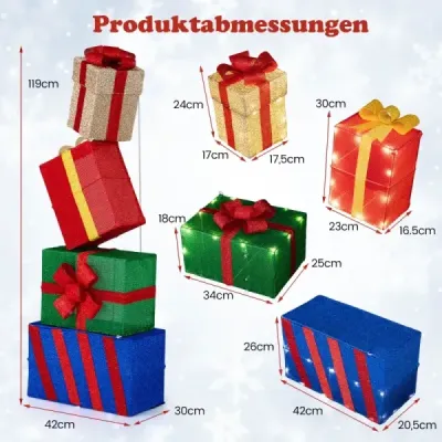 Sada 4 svítících vánočních dárkových krabiček svítící dárkové krabičky s barevnými mašlemi Vícebarevné