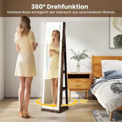 360° otočná skříňka na šperky s osvětlením a zrcadlem Zrcadlová skříňka stojící zrcadlo hnědé barvy