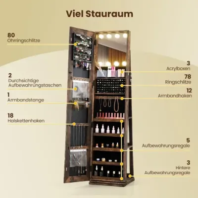 360° otočná skříňka na šperky s osvětlením a zrcadlem Zrcadlová skříňka stojící zrcadlo hnědé barvy