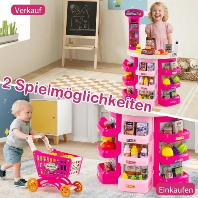 76dílný supermarket s nákupním vozíkem Obchod s váhou a skenerem Obchod s hračkami Růžová barva
