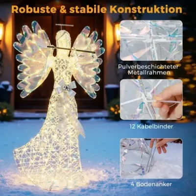 158cm vánoční anděl s 250 studenými bílými LED světly a svatozáří a vánoční dekorací s flétnou