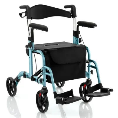 Rollator skládací a lehký se sedadlem 2 v 1 invalidní vozík a cestovní rollator pomůcka pro chůzi 6-poziční výškově nastavitelná modrá