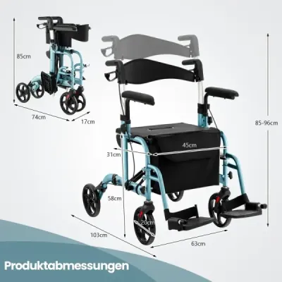 Rollator skládací a lehký se sedadlem 2 v 1 invalidní vozík a cestovní rollator pomůcka pro chůzi 6-poziční výškově nastavitelná modrá