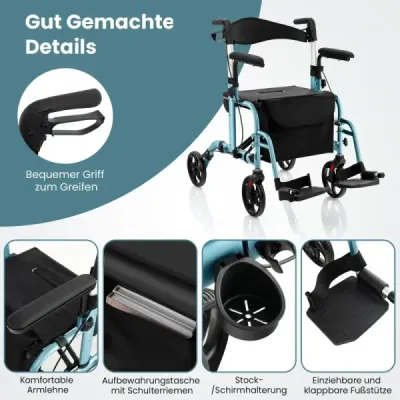 Rollator skládací a lehký se sedadlem 2 v 1 invalidní vozík a cestovní rollator pomůcka pro chůzi 6-poziční výškově nastavitelná modrá