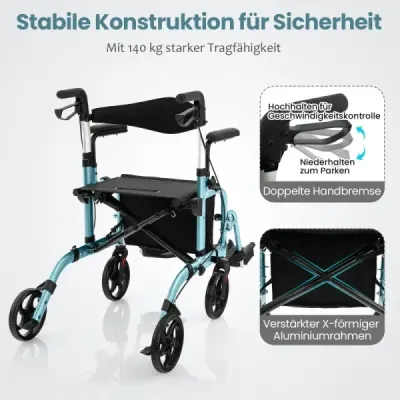 Rollator skládací a lehký se sedadlem 2 v 1 invalidní vozík a cestovní rollator pomůcka pro chůzi 6-poziční výškově nastavitelná modrá