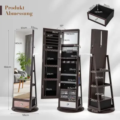 Skříňka na šperky 360° otočná zrcadlová skříňka uzamykatelná Stojan na šperky se zrcadlem po celé délce Fialová barva