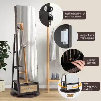Skříňka na šperky 360° otočná zrcadlová skříňka uzamykatelná Stojan na šperky se zrcadlem po celé délce Fialová barva