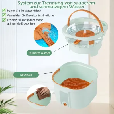 Systém mopu a vědra s funkcí ždímání a oddělováním odpadní vody a 360° otočnou hlavou mopu Zelená barva