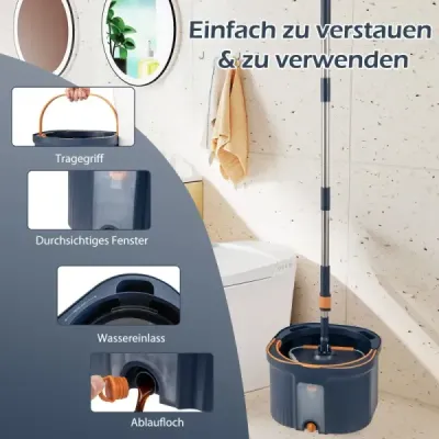Systém mopu a vědra s funkcí oddělování odpadní vody a ždímání a 360° otočnou hlavou mopu Modrá barva