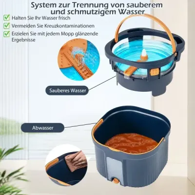 Systém mopu a vědra s funkcí oddělování odpadní vody a ždímání a 360° otočnou hlavou mopu Modrá barva