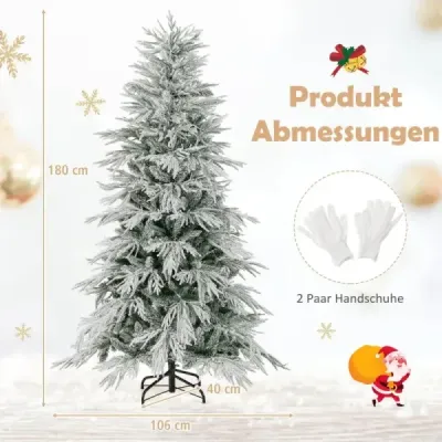 210 cm umělý vánoční stromek pokrytý sněhem, 65 kulovitými lampičkami, 350 teple bílými LED světly a 905 větvičkami.