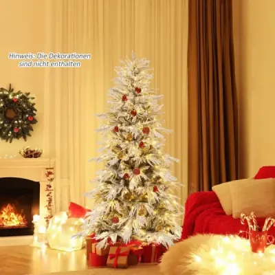 210 cm umělý vánoční stromek pokrytý sněhem, 65 kulovitými lampičkami, 350 teple bílými LED světly a 905 větvičkami.