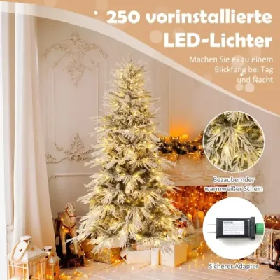 180 cm umělý vánoční stromek pokrytý sněhem, předsvícený, s 250 teplými bílými LED světly, 594 větvičkami