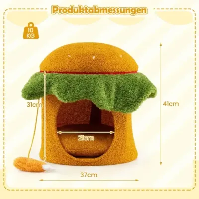 Roztomilý kočičí pelíšek ve tvaru hamburgeru s polstrovaným horním sedátkem, závěsná plyšová hračka oranžová