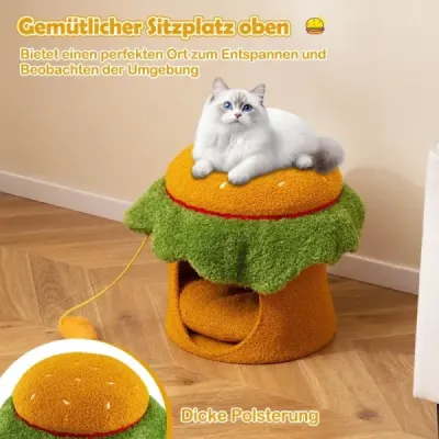 Roztomilý kočičí pelíšek ve tvaru hamburgeru s polstrovaným horním sedátkem, závěsná plyšová hračka oranžová