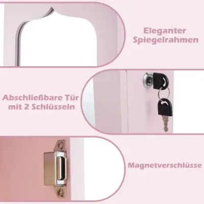 Skříňka na šperky s LED Uzamykatelná nástěnná/dveřová skříňka na šperky se zrcadlem a 6 zásuvkami růžová