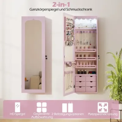 Skříňka na šperky s LED Uzamykatelná nástěnná/dveřová skříňka na šperky se zrcadlem a 6 zásuvkami růžová