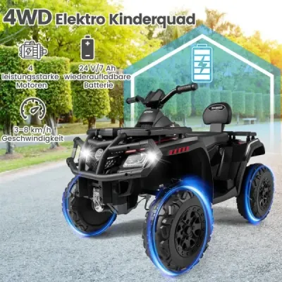 Dětská čtyřkolka 24V, 2místná, 4kolová, elektrická, se 4 motory, plynulým startem a odpružením, LED světly, hudbou, dětské autíčko, černá