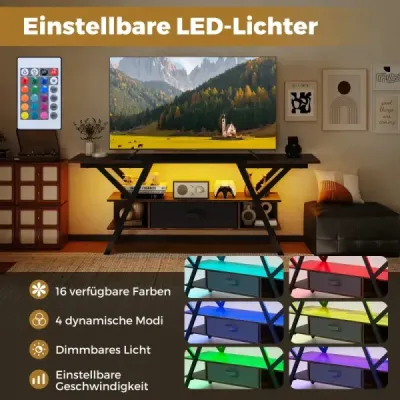 Televizní stojan pro 65palcový televizor Třípatrové zábavní centrum s LED světly Rustikální hnědá barva
