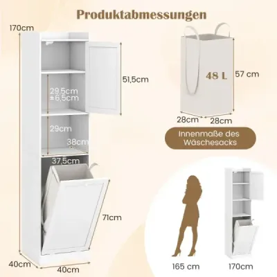 Koupelnová skříňka 170 cm, vysoká a štíhlá, věž na prádlo s úložným prostorem, nastavitelná police, pytel na prádlo, bílá