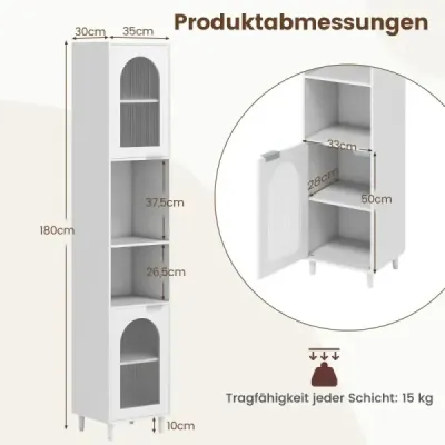 Vysoká koupelnová skříňka, úzký organizér, se dvěma dvířky z vroubkovaného skla, volně stojící, úzká skříňka, bílá