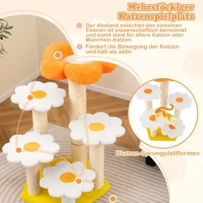 Niedlicher Blumen-Kratzbaum für Innenkatzen Katzenbaum mit Kuschel-Plüschoberfläche Sisal-Kratzpfosten Gelb