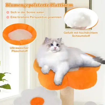 Niedlicher Blumen-Kratzbaum für Innenkatzen Katzenbaum mit Kuschel-Plüschoberfläche Sisal-Kratzpfosten Gelb