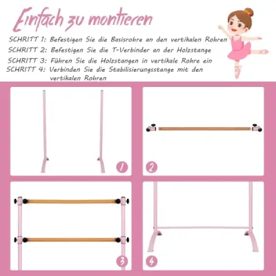 120cm volně stojící baletní tyč 4 stupně výškově nastavitelná baletní tyč se 2 dřevěnými tyčemi Růžová