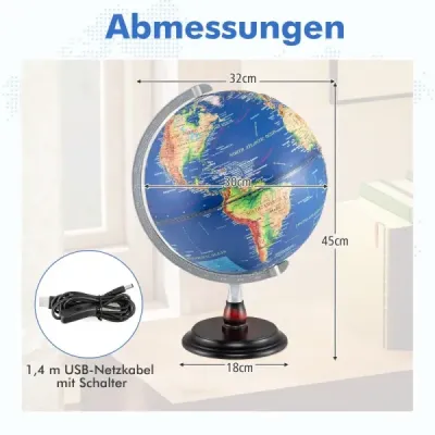 Ø30cm Osvětlený glóbus s dřevěným podstavcem Vzdělávací/geografický školní glóbus Glóbus