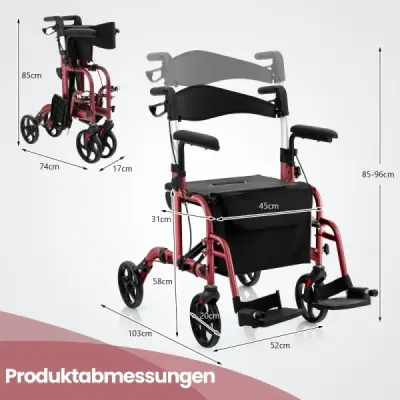2 v 1 invalidní vozík a cestovní vozík s taškou a dvojitými brzdami a držákem na hůl Chodící rám Rollator Red