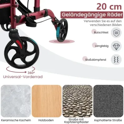 2 v 1 invalidní vozík a cestovní vozík s taškou a dvojitými brzdami a držákem na hůl Chodící rám Rollator Red