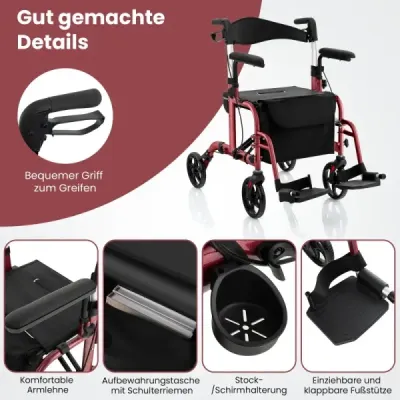 2 v 1 invalidní vozík a cestovní vozík s taškou a dvojitými brzdami a držákem na hůl Chodící rám Rollator Red