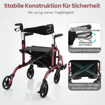 2 v 1 invalidní vozík a cestovní vozík s taškou a dvojitými brzdami a držákem na hůl Chodící rám Rollator Red