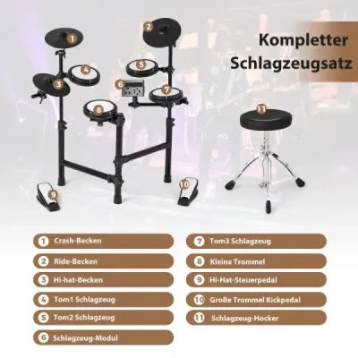 Skládací elektrická bicí souprava se síťovanými pady a 150 zvuky a 10 demo verzemi 7dílná kompletní elektrická bicí souprava