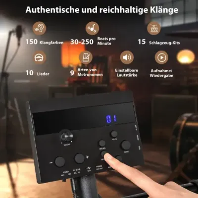 Skládací elektrická bicí souprava se síťovanými pady a 150 zvuky a 10 demo verzemi 7dílná kompletní elektrická bicí souprava