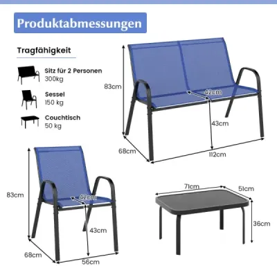 4dílná kovová sada zahradních židlí. a deskou z tvrzeného skla. Modrá.