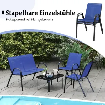 4dílná kovová sada zahradních židlí. a deskou z tvrzeného skla. Modrá.