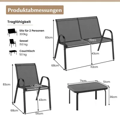 4-dielna kovová súprava záhradných stoličiek. Doska stola z tvrdeného skla. Sivá.