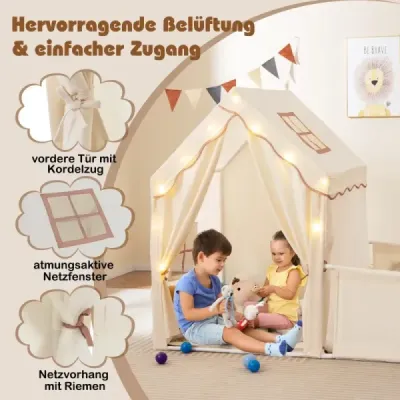 Dětský stan a ohrádka 2 v 1 s pohádkovými světýlky a omyvatelnou podložkou Dětský hrací stan Beige