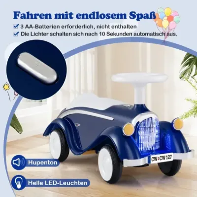 Odrážedlo, klasické odrážedlo s volantem, klaksonem, LED světlomety, tmavě modré