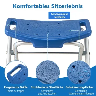 Výškově nastavitelná sprchová stolička s protiskluzovými gumovými nožičkami Nosnost 150 kg Sprchová lavice Modrá