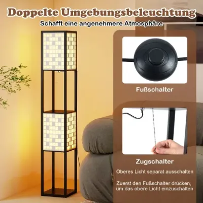 2plamenná stojací lampa se 2 policemi a nožním spínačem Stojací lampa Dřevěná policová lampa