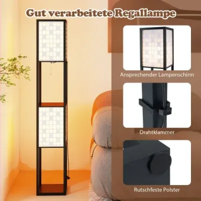 2plamenná stojací lampa se 2 policemi a nožním spínačem Stojací lampa Dřevěná policová lampa