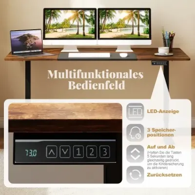 Elektrický stojící stůl 140 x 70 cm výškově nastavitelný stůl ergonomický stůl na sezení hnědý