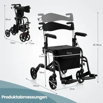 2v1 invalidní vozík a cestovní chodítko s taškou, dvojitými brzdami a držákem na hůl, pomůckou pro chůzi, kolečkovým hůlkem