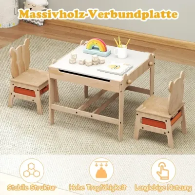 Dětský stůl se 2 židlemi ve tvaru pandy, 4v1 pracovní stůl s oboustrannou bílou tabulí a tabulí pro psaní křídou