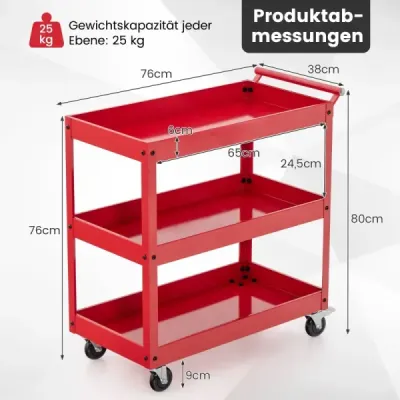 Kovový vozík s úložným prostorem 3 police a rukojetí, kuchyňský vozík, servírovací vozík, úžitkový vozík, červený