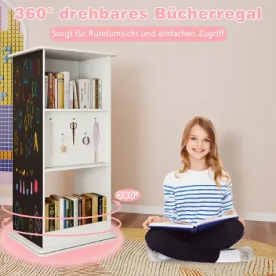 Otočná dětská knihovna s tabulí a zrcadlem, třípatrová dětská knihovna, bílá