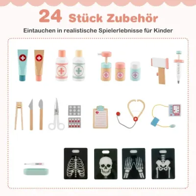 Hračka do nemocnice se zdravotnickým vybavením a 24 doplňky Dřevěná hrací souprava Doktor růžová