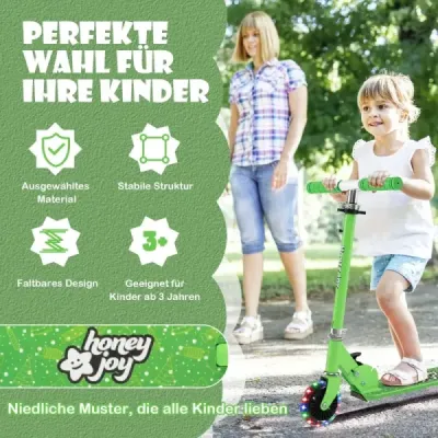 Dětská koloběžka Koloběžka s LED koly a skládacími řídítky Výškově nastavitelná šlapací koloběžka Dětská koloběžka Zelená